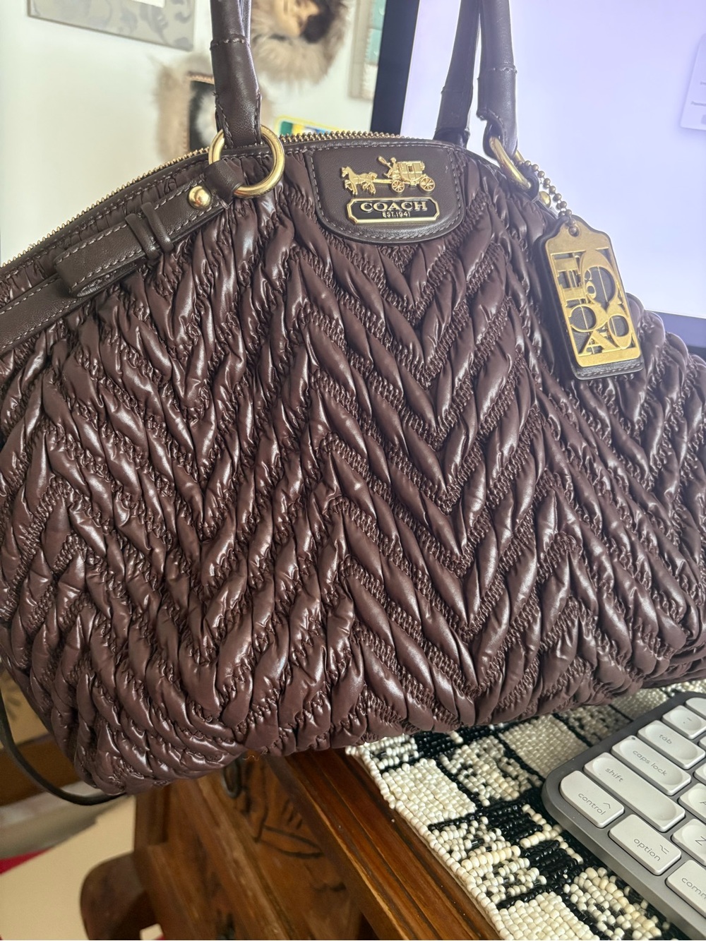 Coach Quilted Chevron Leather Shoulder Bag - Brown with Gold Hardware